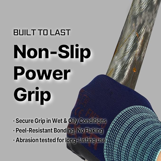 DEX FIT Premium Nylon Work Gloves FN320 - Firm Nitrile Grip, 3D-Comfort Stretchy Fit, Thin & Lightweight, Protective & Durable, Breathable, Machine Washable; Navy 9 (L) 12 Pairs