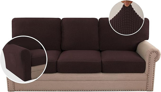 H.VERSAILTEX Multi-Pieces Sofa Covers Stretch Couch Covers Form Fitted Seats and Back Cushions Covers (3 Seat Covers Plus 3 Back Cusion Covers, Bonus 2 Armrest Covers), Chocolate