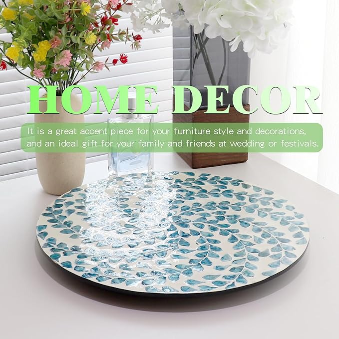 13.8" Mother of Pearl Lazy Susan Turnable Organizer, 360 Degree Round Table Countertop Decorative Spinning Tray for Kitchen Cabinet Counter Spice Pantry Dinner Table (Blue Wicker)
