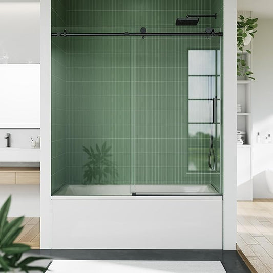Frameless Bathtub Shower Door 56–60 Inch W × 59 Inch H, Sliding Tub Door with Fixed Panel, 8mm Coated Tempered Glass, Stainless Steel Round Rail, Matte Black