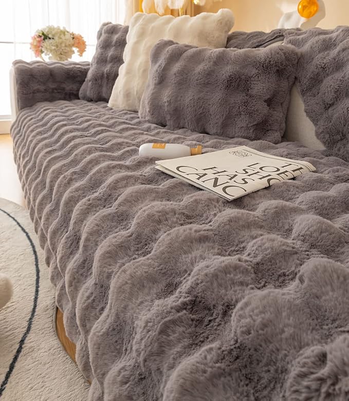 Soft Warm Faux Fur Couch Sofa Cover Thick Shaggy Fuzzy Sectional Couch Cover Non-Slip Solid Color Plush Sofa Slipcover Furniture Protector for Pets, Kids (Dark Grey,36"x82")