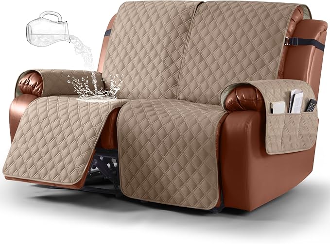 Ruaozz Waterproof Recliner Sofa Covers, 1-Piece Couch Covers for Reclining Couches Reclining Couch Cover Washable Furniture Protector with Elastic Straps Pocket for Kids Pets (Light Brown, 2 Seater)