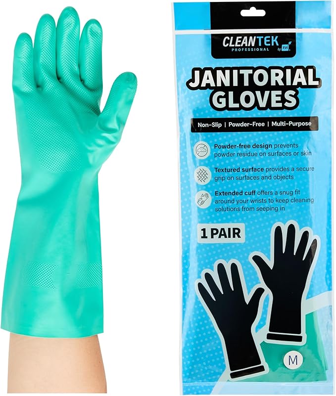 Restaurantware Green Cleaning Gloves 10 Pairs 15 Mil Thick Medium Heavy-Duty Nitrile Gloves With Long Cuff No-Latex Flock Lining For Use In Hospitals, Laboratories, Kitchens and Households