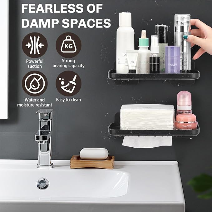 2 Pack Adhesive Floating Shelves No Drill Small Floating Shelf for Wall Storage Damage-Free Wall Mounted Organizer for Bathroom, Kitchen, Bedroom & Office (Black)