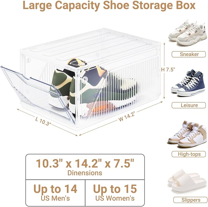 XX-Large Shoe Sneaker Storage Boxes for Size 14, Stackable & Thicken Clear Plastic Shoe Organizers 1Pack for Entryway Closet Under Bed, Shoe Storage Cabinets Container Display Case w/ Magnetic Door