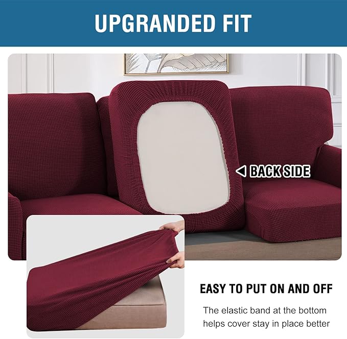H.VERSAILTEX Multi-Pieces Sofa Covers Stretch Couch Covers Form Fitted Seats and Back Cushions Covers (2 Seat Covers Plus 2 Back Cusion Covers, Bonus 2 Armrest Covers), Burgundy