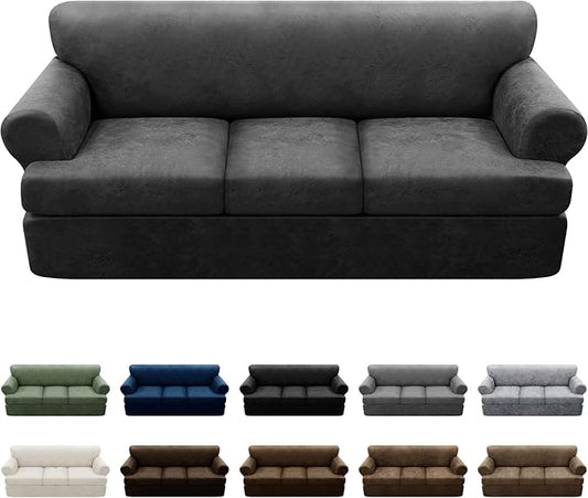 4-Piece T Couch Cover - Leather Look Slipcovers for 3 Cushion Sofa, Dark Grey