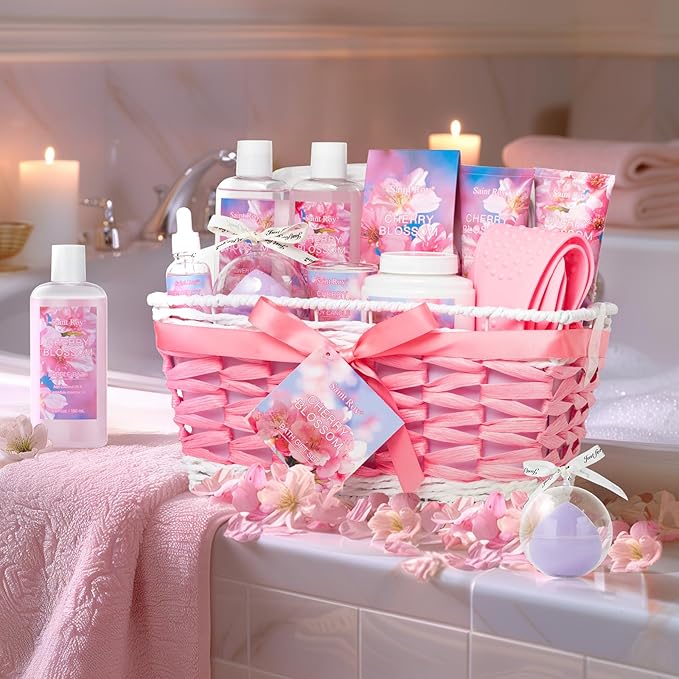 12 Pcs Bath & Body Gift Set Basket for Women, Cherry Blossom Bath and Body Gift, spa kit Skin Care Set, Self Care Pampering Kit, Diffuser, Home Spa, cosmetic Bag, Birthday, Mother Day, Bridal Shower
