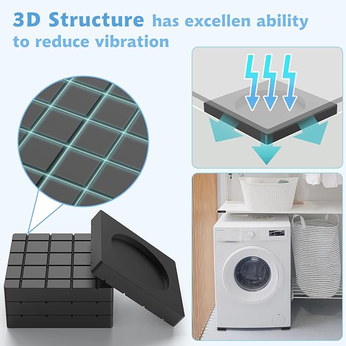 SEISSO Anti Vibration Pads for Washing Machine, Anti Vibration Pads Prevent Washer & Dryer Moving Shaking Walking, Noise Dampening Anti Vibration Washing Machine Support, Shock Absorbing Mat-Square