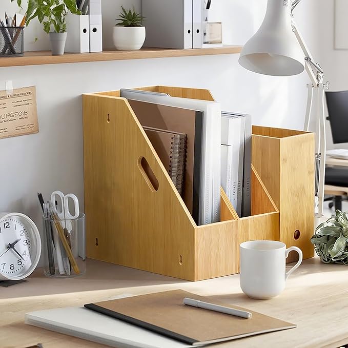 Slim Bamboo Cutting Board Holder & Baking Sheet Organizer, Open-Front Pan & Lid Rack with Handles, Countertop or No-Drill Wall Mount, Kitchen Cabinet & Pantry Organizer