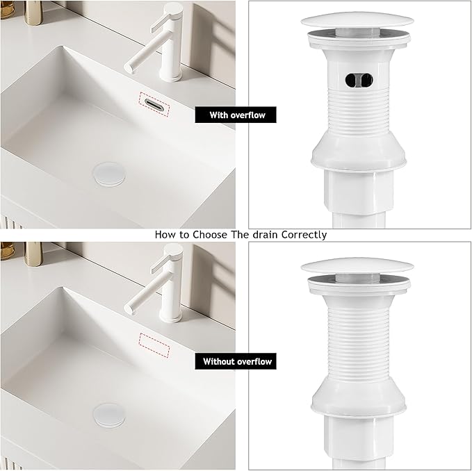 Bathroom Sink Drain,Drain Stopper Bathroom Sink with Overflow,Pop Up Drain Assembly with Detachable Strainer Basket,Built-in Anti-Clogging, Stainless Steel Nut White
