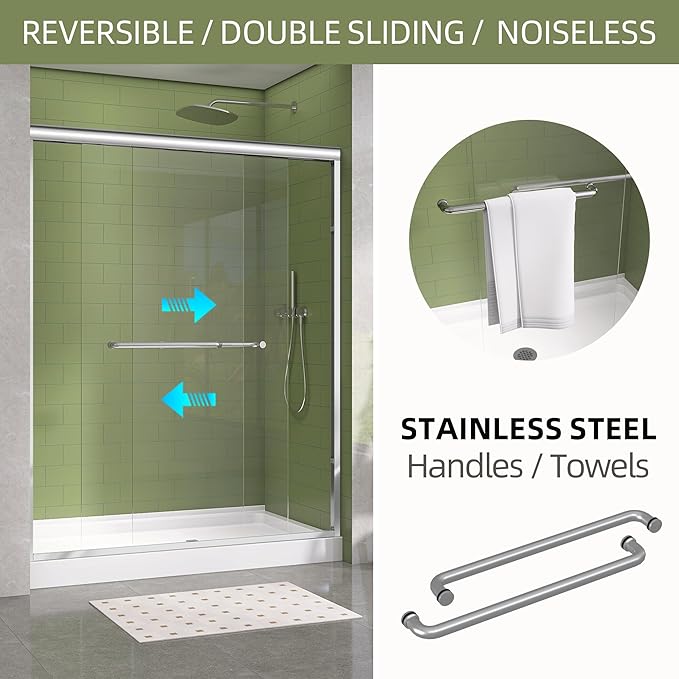 GETPRO Shower Door 62-66 in. W x 72 in. H Double Sliding Semi-Frameless Bypasss Bathroom Shower Glass Doors 1/4 inch Clear Tempered Glass Door for Walk-in Shower Chrome Finish