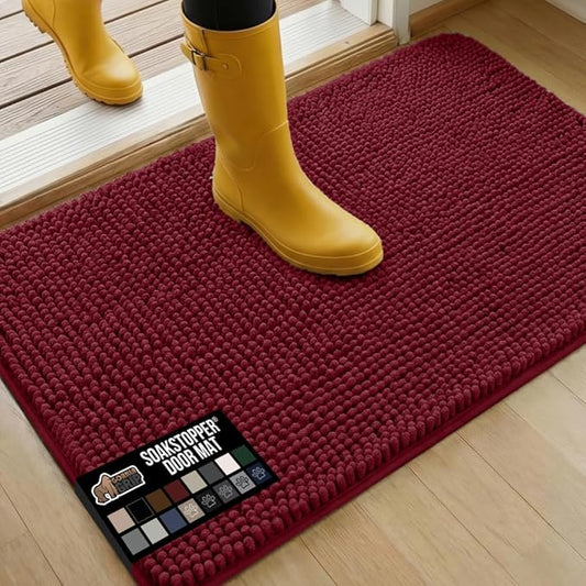 GORILLA GRIP SoakSTOPPER Dog Door Mat, 36x24 Machine Washable Rug Absorbent Doormat Captures Moisture Mud Dirt, Quick Dry Soft Chenille Entryway Rugs Indoor Entrance Mats for Dog Paws, Burgundy