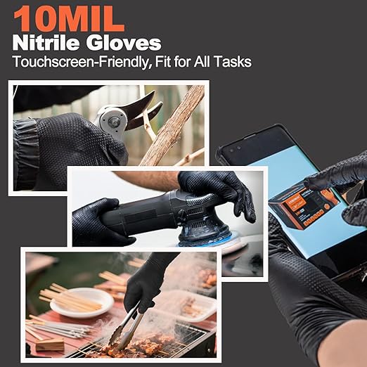 10mil Nitrile-Gloves Disposable-Black Chemical-Resistant Rubber - Mechanic Gloves Heavy Duty, Latex Free, Diamond Grip (500, Large)