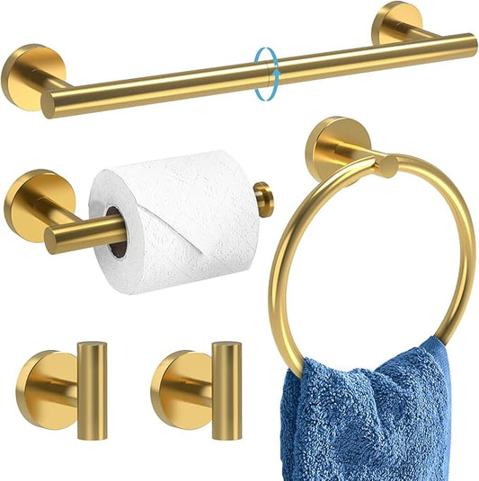 Brushed Gold Bathroom Accessories, Bathroom Hardware Set, SUS304 Stainless Steel Bathroom Towel Holder Set, 24 Inch Towel Bar Set 5 Pcs, 2 Towel Hooks, Toilet Paper Holder, Towel Ring