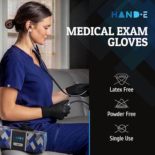 Hand-E Touch Disposable Black Nitrile Gloves Large - 200 Count - Heavy Duty 5 Grams Thick Industrial Grade - Powder Free, Latex Free, Textured Grip, Extra Length Cuff - BBQ, Hot Food Prep, Cleaning