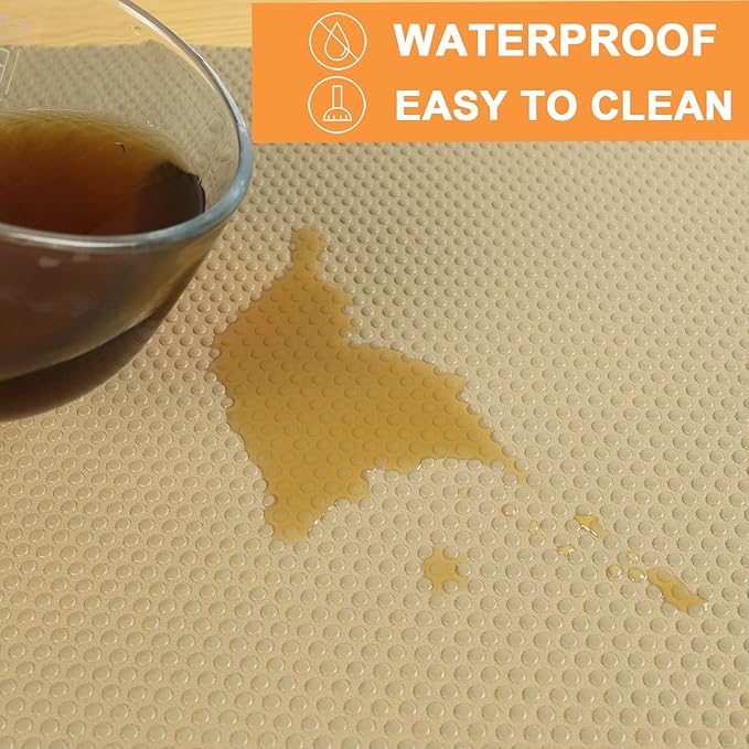 Shelf Liners for Kitchen Cabinets Waterproof - 10 Inch Wide x 396 inch Khaki Non-Adhesive Drawer Liner - Easy to Clean Pantry Cupboard Mat