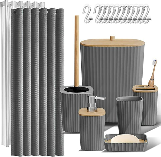 Clara Clark Bathroom Accessories Set - Bathroom Set, Bathroom Accessory Set, Shower Curtain Set, Toilet Brush, Trash Can & Soap Dispenser - Grey - 20PC