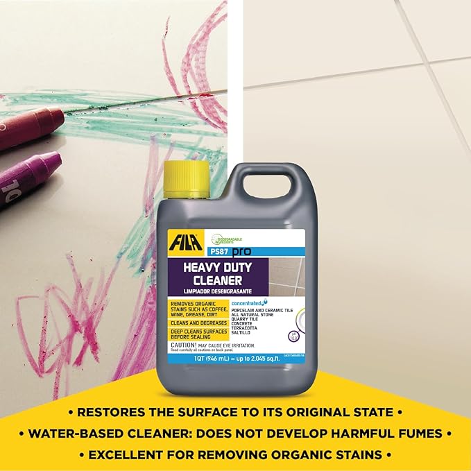 FILA Heavy Duty Cleaner PS87 PRO, Stain Remover Grease, Coffee, Wine, Wax, Ink, Hard Surface Floor Cleaner, ideal for Natural Stone, Terracotta, Quarry Tile, Concrete, Porcelain, 1 QT