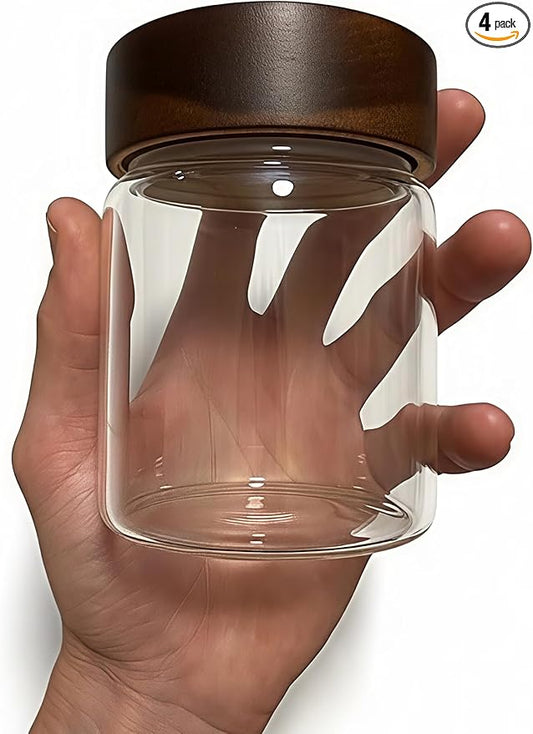 Wide Mouth Glass Storage Jars With 3" Acacia Wood Lids - 4 Pack of 9.1 Oz Airtight Food Storage Containers - Borosilicate Glass Canisters for Kitchen - Pantry Organizers and Storage for Rice Coffee