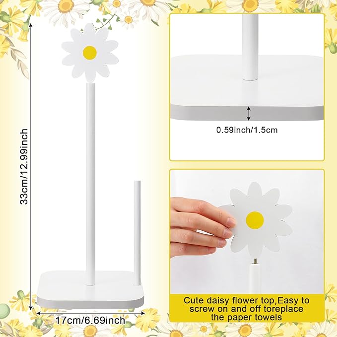 Leinuosen White Daisy Paper Towel Holder Coquettish Cute Wooden Daisy Kitchen Paper Towel Holder Bathroom Countertop Accessories Kitchen Roll Stand Organizer Standing Apartment Decor Housewarming Gift