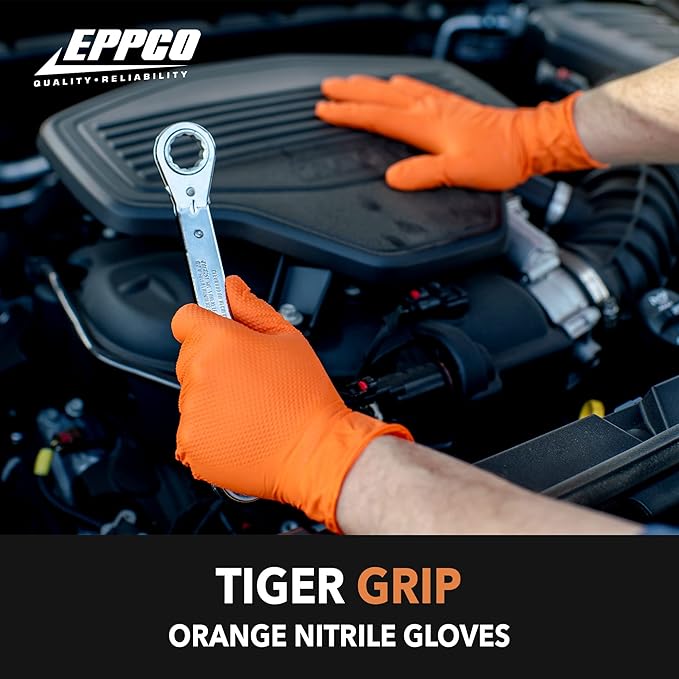 EPPCO TigerGrip 8-Mil Nitrile Glove Disposable Powder, Latex Free Textured Superior Grip Orange Gloves, Medium, Box of 100