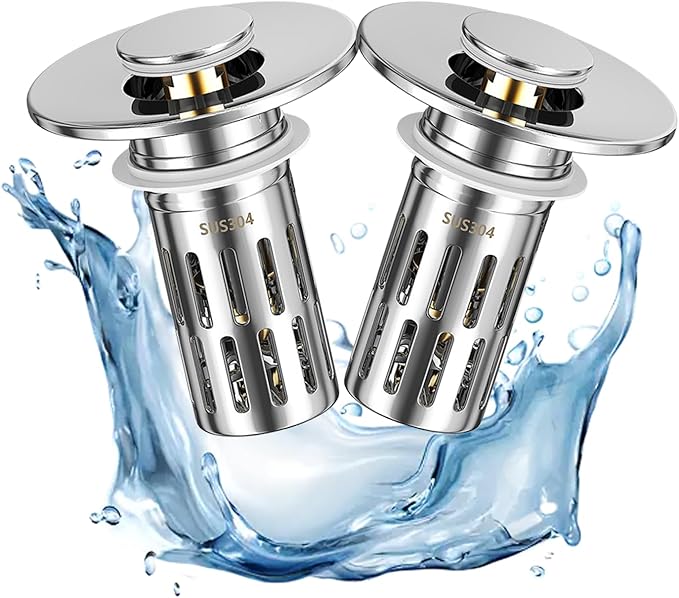 Pop Up Sink Drain Strainer, Bathroom Sink Drain Stopper with Removable Stainless Steel Drain Hair Catcher Basket, Universal Bathroom Sink Stopper Replacement, Drain Plug Filter (2PCS New)