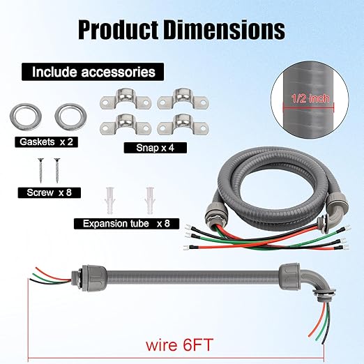 1/2Inch Power Whips Assembly, 6FT Nonmetallic Liquid Tight Flexible Conduit Wire with 3 Conductors 10 Gauge THHN Electrical Wires, A/C Hook-up Whip Kit Electrical Wire(6FTx1/2Inch)
