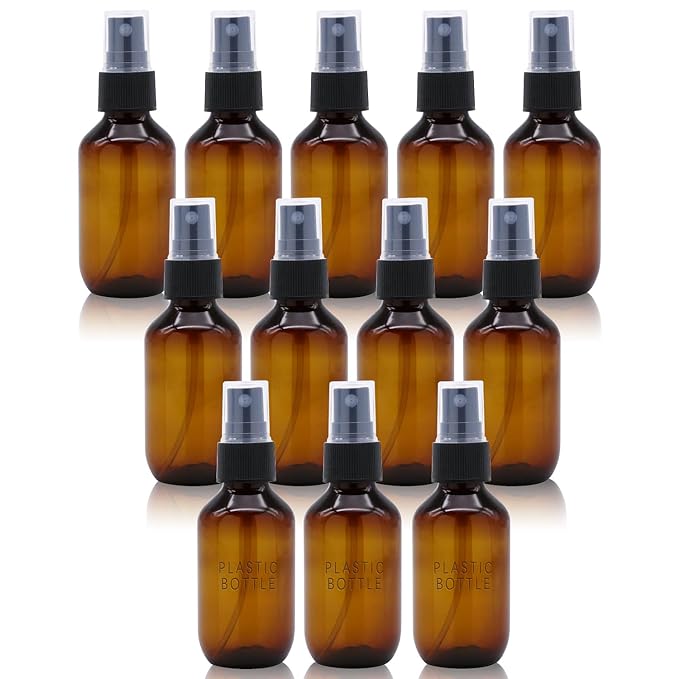 SYNTECSO 12 Pack 2oz Amber Plastic Spray Bottles, Fine Mist Spray Bottles for Essential Oils, Water Spray Bottle for Hair Plant & Cleaning Solution