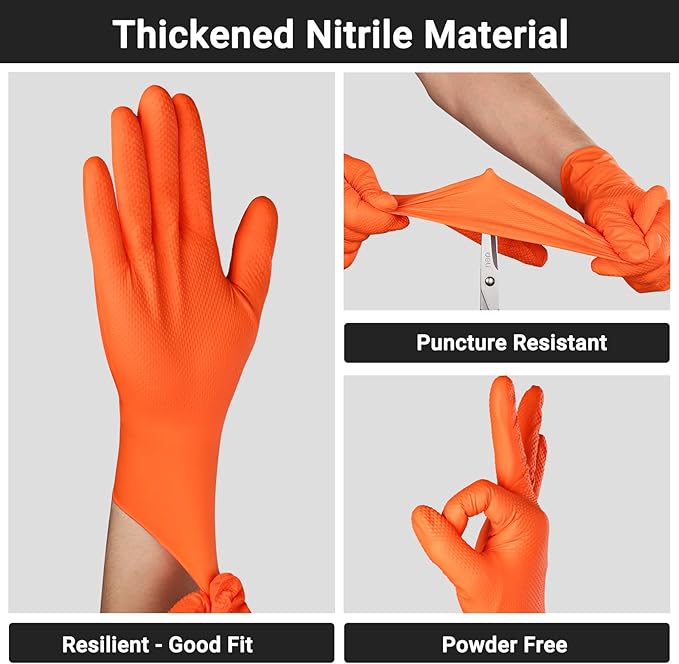 10 Mil Orange Nitrile Gloves XL, 100 PCS Heavy Duty Chemical Resistant Oil Resistant Mechanics Disposable Work Gloves for Cooking, Washing Dishes, Gardening, Cleaning, Painting
