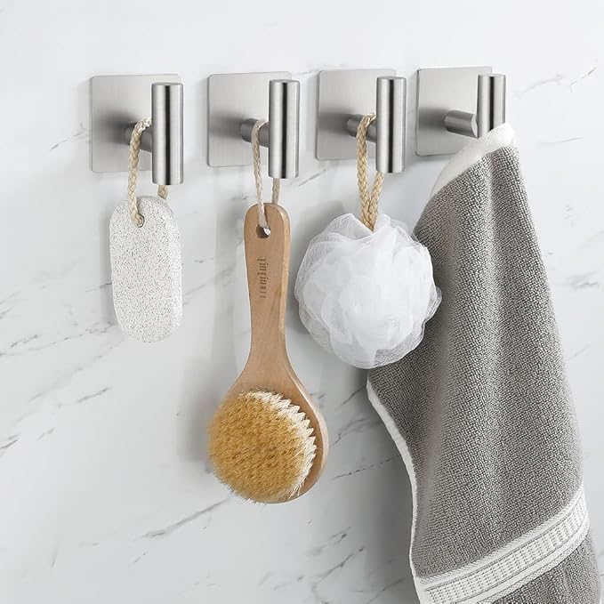 Adhesive Towel Hook 4 Pack, Bathroom Wall Hooks, Sticky Coat Hooks for Hanging, Closet, Robe Hook SUS304 Stainless Steel Brushed, BTH7204-2-P4