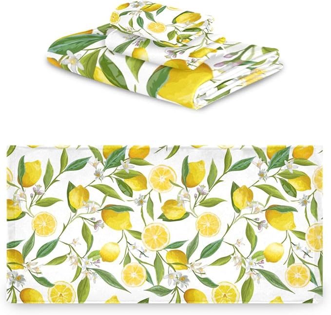 3 Piece Yellow Lemon Bath Towel Set,Microfiber Decorative Tropical Lemon Fruit Floral Green Leaf Farmhouse Bathroom Towels,1 Bath Towel 1 Hand Towel for Bathroom Kitchen,1 Washcloth for Face