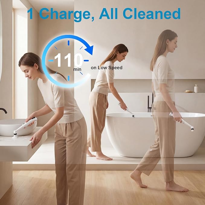 Electric Spin Scrubber-Waterproof Rechargeable with LED Light,5 Multi-Purpose Brush Heads for Deep Cleaning Grout, Tile, Bathroom, Kitchen, Sink, Shower, Tub, Corners & Tight Spaces