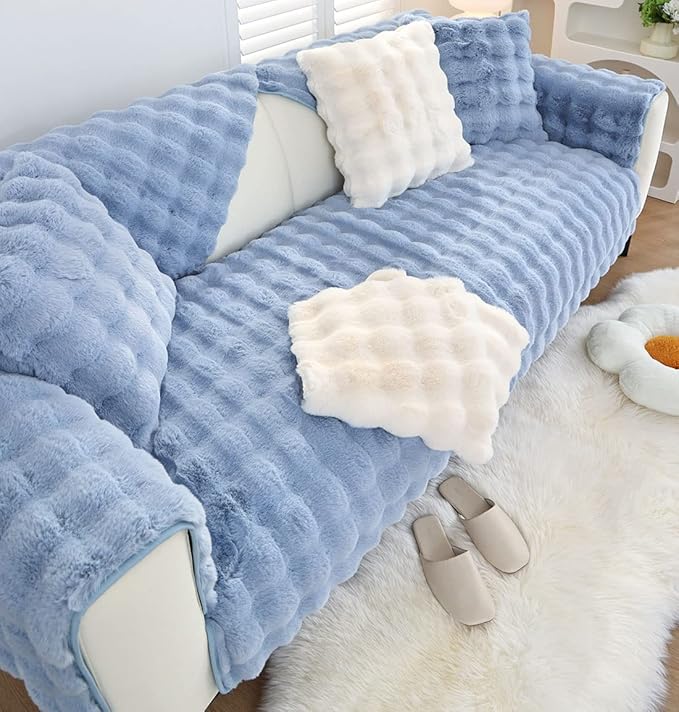 Soft Warm Faux Fur Couch Sofa Cover Thick Shaggy Fuzzy Sectional Couch Cover Non-Slip Solid Color Plush Sofa Slipcover Furniture Protector for Kids, Pets (Light Blue,43"x63")