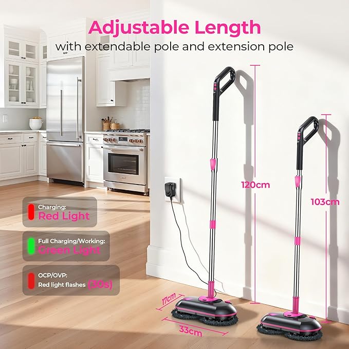 ScrubWiz Cordless Electric Spin Mop with Water Sprayer, 300ml Tank Self-Propelled Floor Cleaner for Hardwood & Tile, Quiet Cleaning, Adjustable Handle, 2500mAh Long-Lasting Battery, Pink