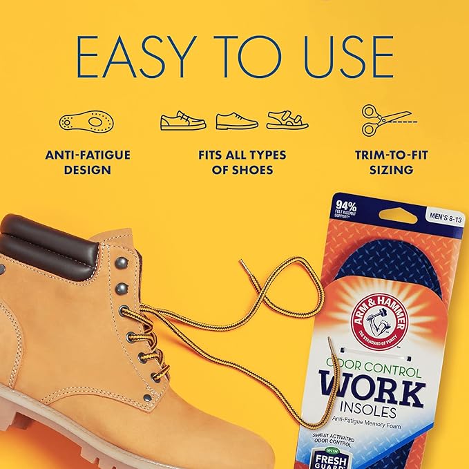 Arm & Hammer Memory Foam Work Insoles for Men and Women, Pair of Anti-Fatigue Memory Foam Inserts with Arch Support for Work Boots, Sneakers, Or Dress Shoes. (1 Pack)