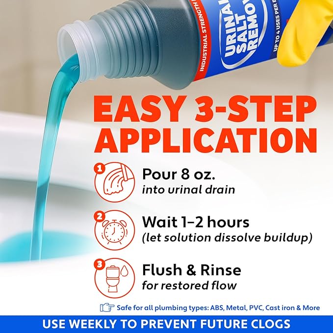 Commercial-Grade Urinal Salt Remover – Made in the USA – Odor Neutralizing Urinal Cleaner for Salt, Calcium, Rust and Scale Build-Up – Safe For All Plumbing – 32 fl oz