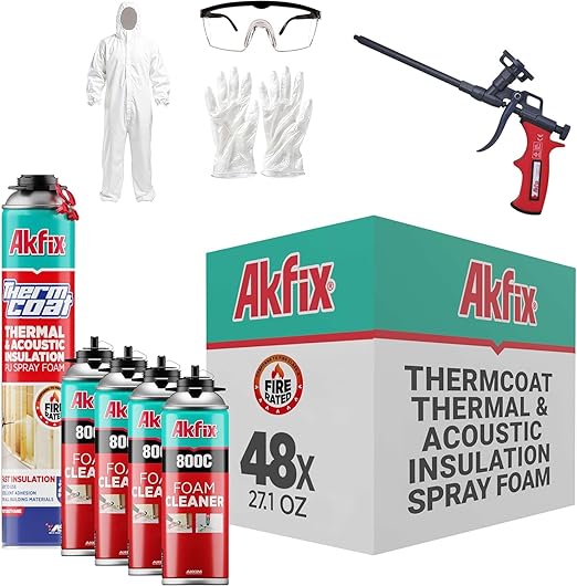 Akfix Thermcoat Fire Rated Spray Foam Insulation Kit 960 sq ft (48x27.1 oz.) - 11.32/2 inch Closed Cell Expanding Wide Sealant Thermal Insulation for Walls and Attic - Gun & Cleaner Included