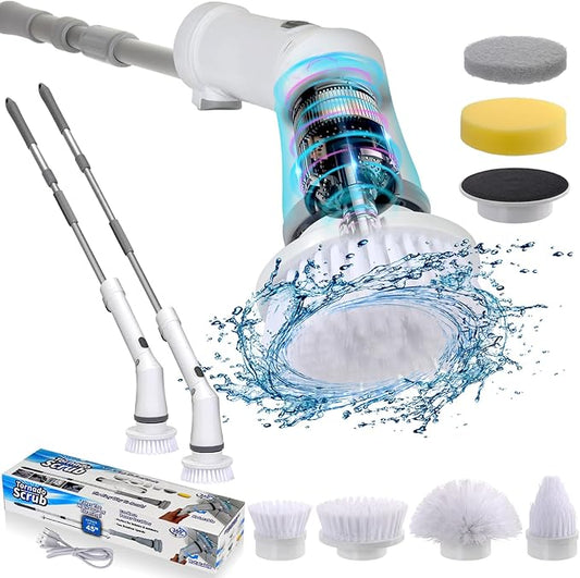 Electric Spin Scrubber, Cordless Cleaning Brush with 6 Replaceable Brush Heads, Adjustable Extension Handle, Power Cleaning Brush for Bathroom, Kitchen, Car, Tile, Wall, Tub and Floor (White)