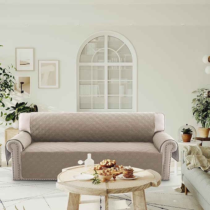 PrinceDeco Large Couch Covers for Oversized Sofa 3 Cushion Couch Sofa Cover for Dogs Water Proof Furniture Protector Cover with Elastic Straps for Pet (Oversized Sofa, Taupe)