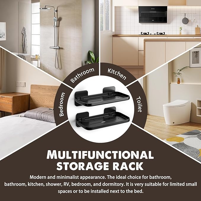 2 Pack Adhesive Floating Shelves No Drill Small Floating Shelf for Wall Storage Damage-Free Wall Mounted Organizer for Bathroom, Kitchen, Bedroom & Office (Black)