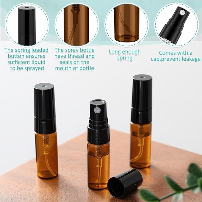 Zhehao 25 Pcs Mini Spray Bottles 3 ml Clear Glass Perfume Bottles Refillable Fine Mist Perfume Atomizer Portable Empty Sample Containers for Cleaning, Essential Oils, Travel (Amber)