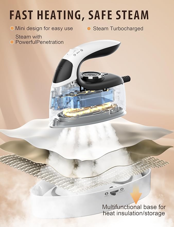 Sundu Small Steam Iron for Clothes, 1000W Travel Iron Portable with Silver Non-Stick Soleplate, 300 Microsteam Holes & 90ml Tank, Lockable Base for Quilting & Sewing (Silver)