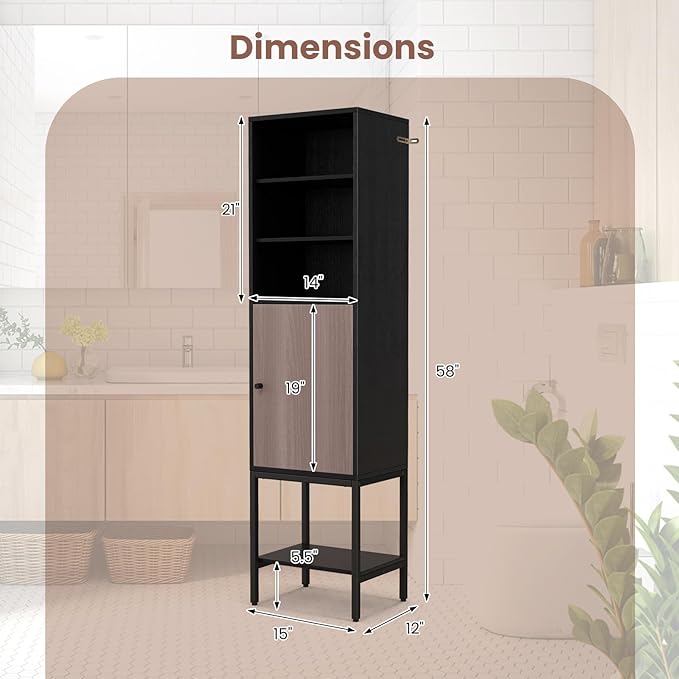 Giantex 57” Tall Bathroom Storage Cabinet, Floor Cabinet with Door, Adjustable Shelves & Foot Pads, Metal Legs, Anti-Tipping Kit, Slim Bathroom Storage Unit for Living Room, Kitchen (Black)