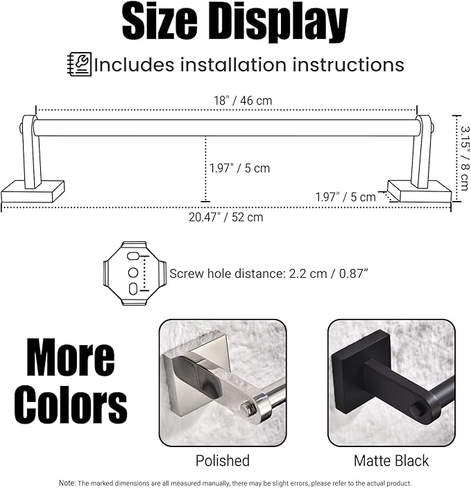 Miyili 18-Inch Brushed Towel Bar - SUS304 Stainless Steel Wall Mounted Towel Holder, Rustproof Space-Saving Towel Hanger Bathroom Accessories, 2-Pieces