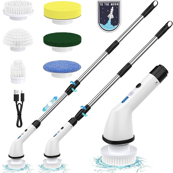 Electric Spin Scrubbers, Cordless Cleaning Brush, Versatile Floor Tile Scrubber Dual Speed with 6 Replaceable Heads and Adjustable Extension Handle for Efficient Bathroom Tub and Floor Cleaning-White