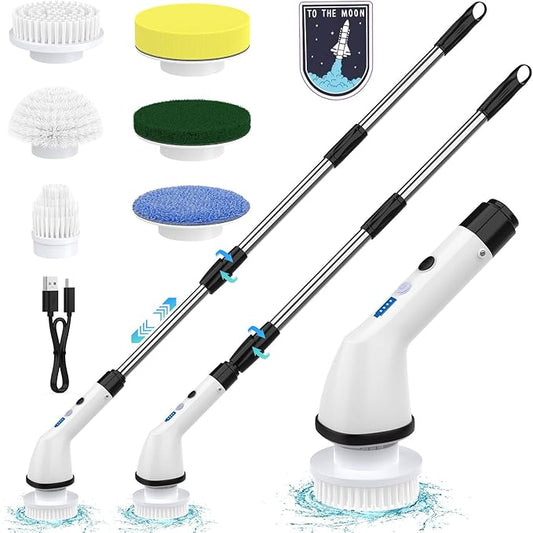 Electric Spin Scrubbers, Cordless Cleaning Brush, Versatile Floor Tile Scrubber Dual Speed with 6 Replaceable Heads and Adjustable Extension Handle for Efficient Bathroom Tub and Floor Cleaning-White