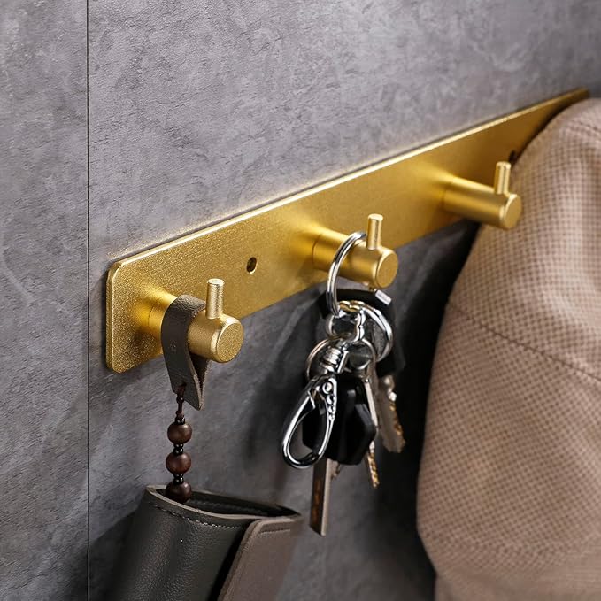 Adhesive Bathroom Gold Hook Rail, 4 Brushed Gold Wall Key Hooks Rack Hanger Towel Robe Stick Door Hooks for Bathroom Toilet Entryway Hallway Kitchen Wall Mounted