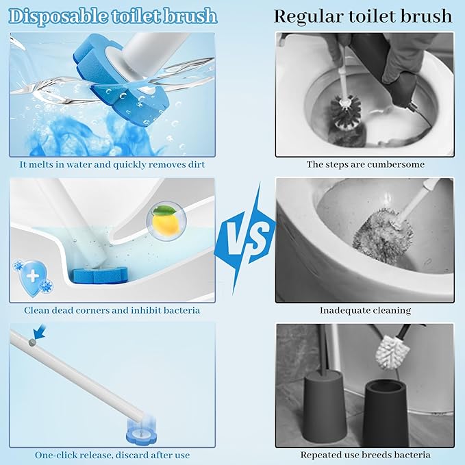 Disposable Toilet Brush Set with Holder, Angled Cleaning Wand with 24 Refill Heads, Wall-Mounted Hygienic Toilet Cleaner (Ocean, Lemon, Lavender Scents)