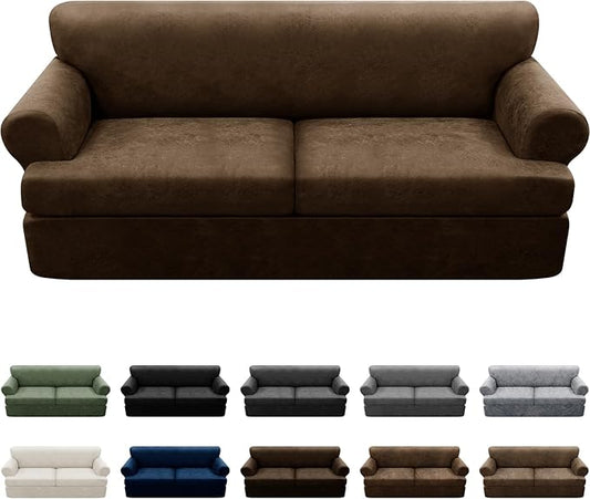 3-Pieces T Cushion Sofa Slipcovers Leather Look Couch Cover for 2 Cushion Couch Furniture Protector Stretch Sofa Cover with 2 Individual T Cushion Seat Covers Washable, Dark Brown